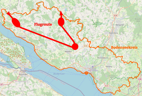 Landkarte mit Flugroute