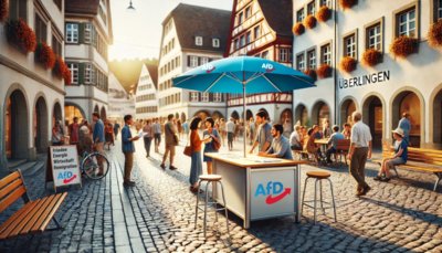 Event-Flyer Infostand auf dem Wochenmarkt in Überlingen